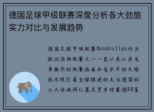 德国足球甲级联赛深度分析各大劲旅实力对比与发展趋势