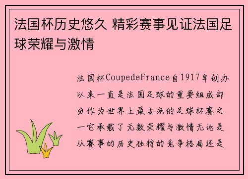 法国杯历史悠久 精彩赛事见证法国足球荣耀与激情