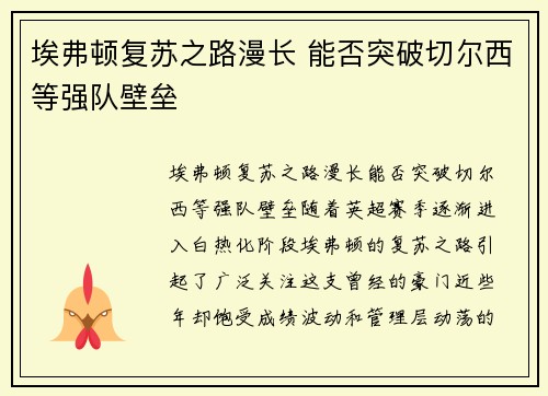 埃弗顿复苏之路漫长 能否突破切尔西等强队壁垒