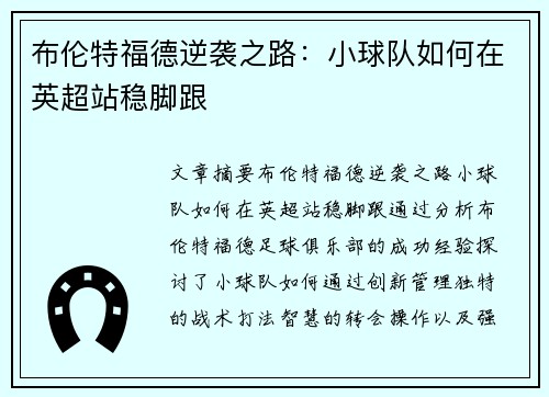 布伦特福德逆袭之路：小球队如何在英超站稳脚跟